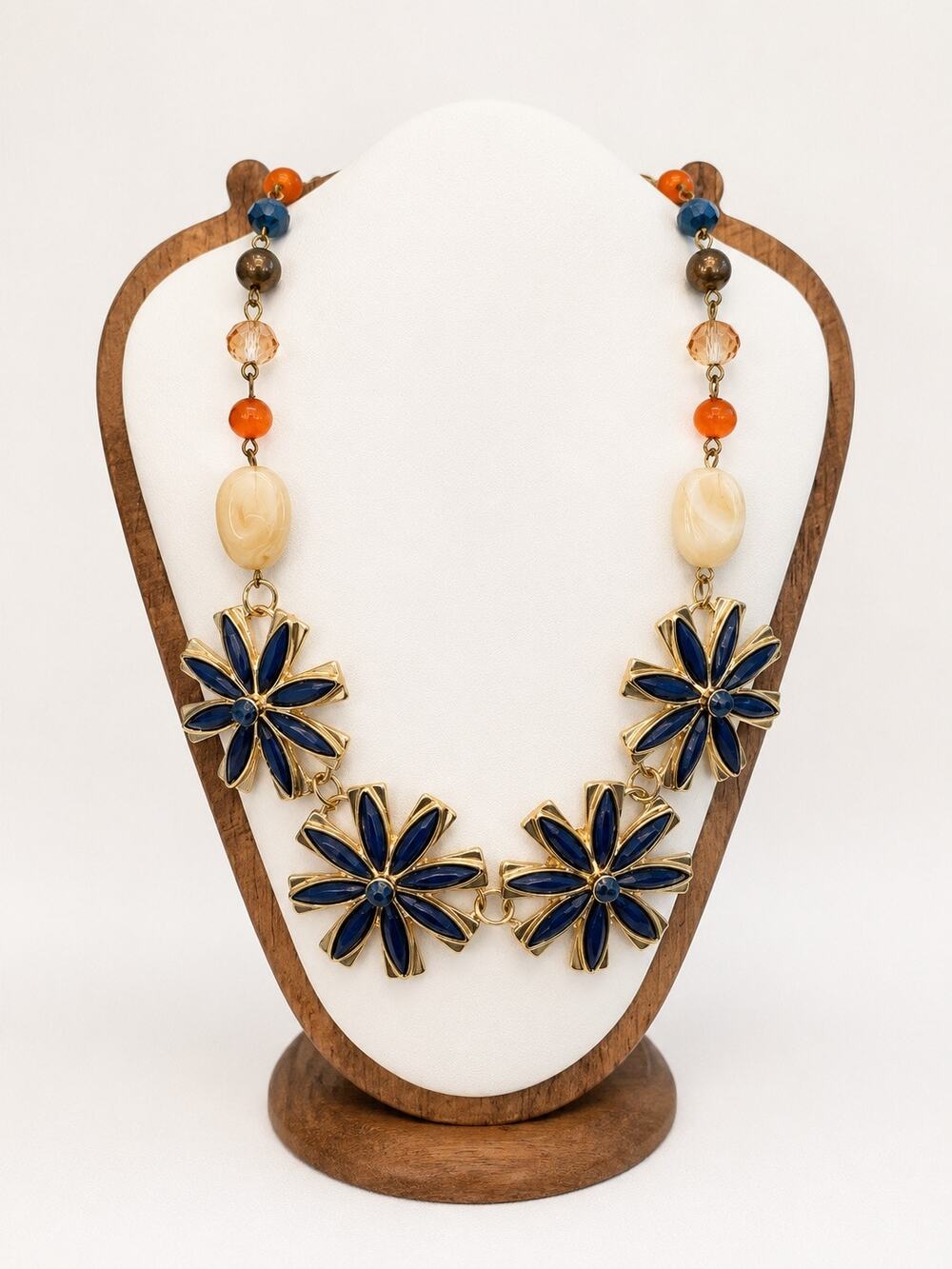Vintage Inspired Blue Enamel Flower Statement Necklace